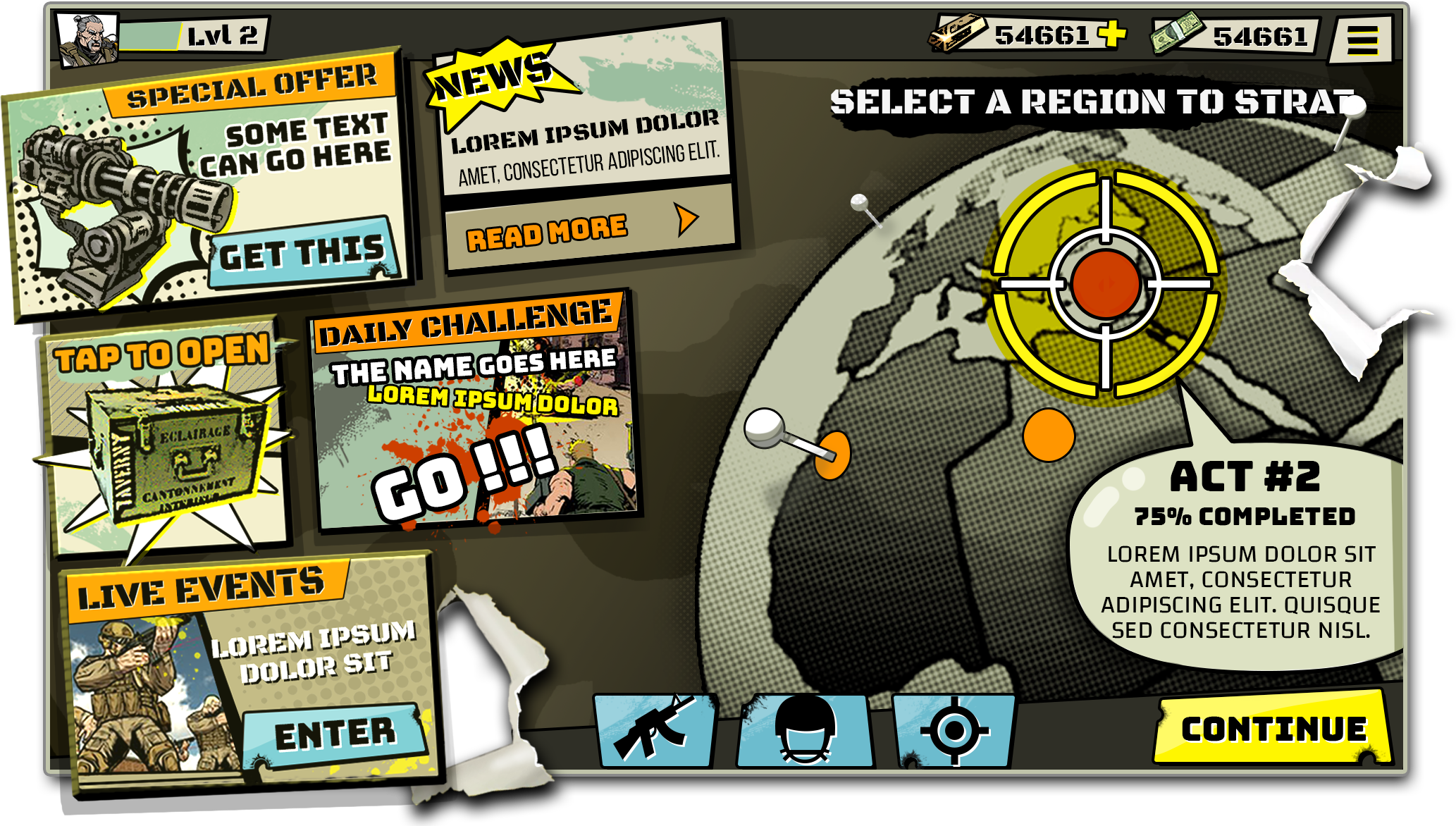 Mock-up of Military game main page